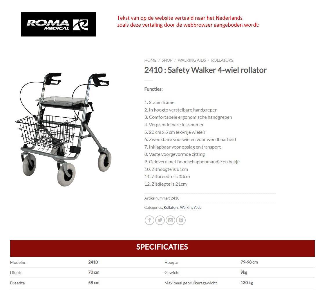 toegevoegd document 2 van Roma 2410 Safety Walker 4 Wheel Rollator  